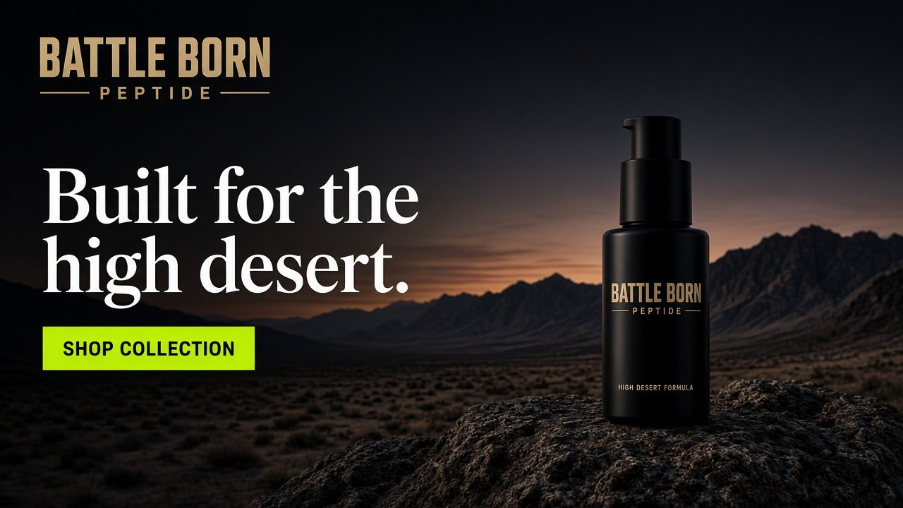 Battle Born Peptide homepage: desert dusk landscape with a black pump bottle and the headline Built for the high desert