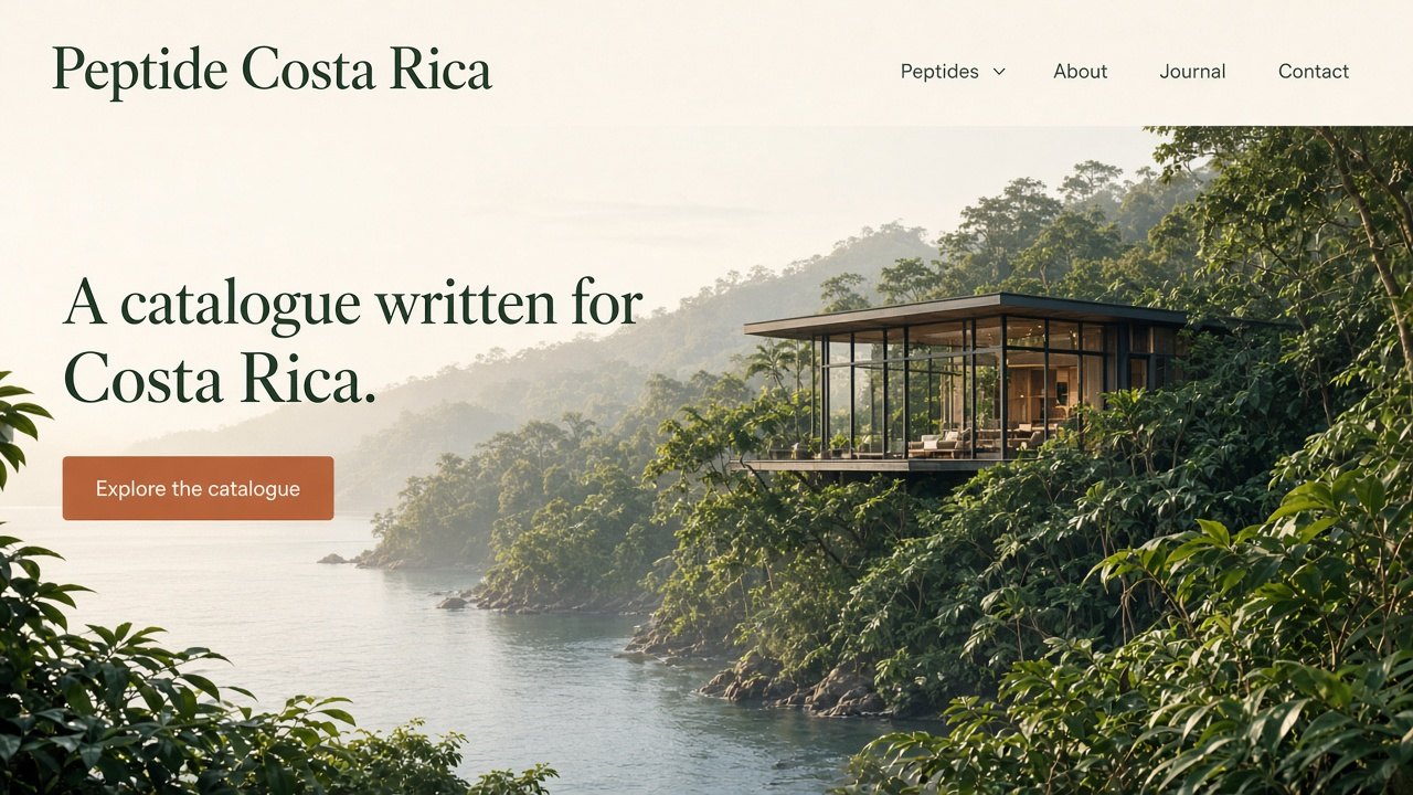 Peptide Costa Rica homepage: tropical hillside building over water with the headline A catalogue written for Costa Rica
