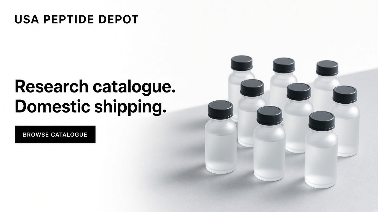 USA Peptide Depot homepage: research catalogue headline beside a cluster of frosted vials